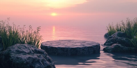 Aufkleber - Abstract 3D rendered silhouette scene with a natural podium backdrop featuring a stone podium by a body of water surrounded by rocks stone and grass at sunset suitable for product display advertis