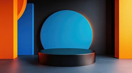 Poster - Cosmetic display featuring a black blue and orange background with a premium podium for product branding and packaging 3D rendering of a studio stage