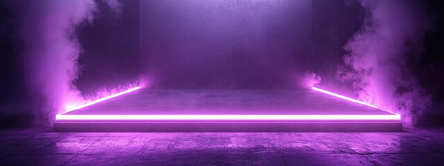 Aufkleber - Smoke Fog Sci Fi Neon Purple Rectangle Retro Glowing Lasers Spotlight Empty Stage Podium Showcase Night Club Garage Underground Cyber Background 3D Rendering Illustration