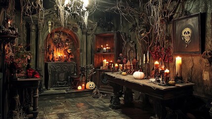 A dark and mysterious room with candles, a skull, and a pumpkin.