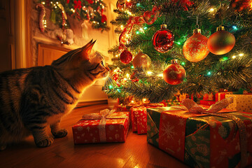 Wall Mural - Christmas cat with beautifully decorated tree and festive presents (christmas-tree)