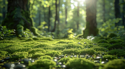 Wall Mural - Beautiful forest with moss and sunlight, a few pebbles scattered on the ground, whimsical. Generative AI.