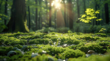 Poster - Beautiful forest with moss and sunlight, a few pebbles scattered on the ground, whimsical. Generative AI.