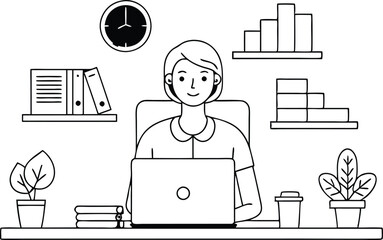 A woman working in office illustration black and white