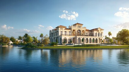 Poster - Beautiful and grand building by a tranquil body of water, set against a realistic backdrop of greenery and clear skies
