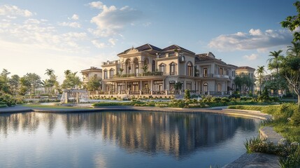 Poster - Beautiful and grand building by a tranquil body of water, set against a realistic backdrop of greenery and clear skies