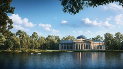Fototapete - Beautiful large building by a peaceful body of water, set against a realistic, nature-filled background of trees and blue skies