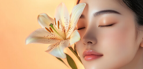 Wall Mural - A close-up of an Asian woman's face with closed eyes, holding the petal from a large flower in her hand. 