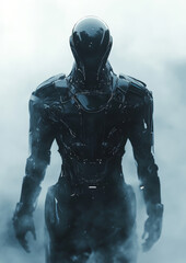 Poster - A robot with a chain around its neck stands in a foggy mist