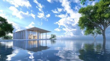 Poster - Elegant building reflecting on a serene body of water, with a peaceful, realistic background of nature and blue skies