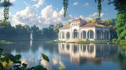 Poster - Elegant building reflecting on a serene body of water, with a peaceful, realistic background of nature and blue skies