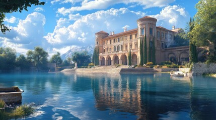Poster - Elegant building reflecting on a serene body of water, with a peaceful, realistic background of nature and blue skies