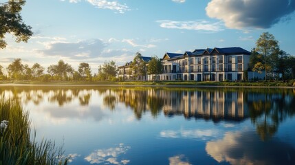 Poster - Elegant building reflecting on a serene body of water, with a peaceful, realistic background of nature and blue skies