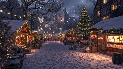 Sticker - A festive Christmas market in a snowy town square with decorated wooden stalls and a large Christmas tree lit up with twinkling lights.