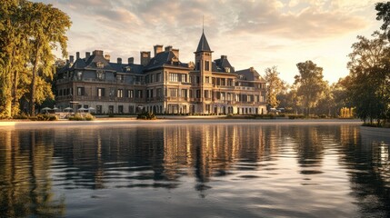 Poster - Elegant large building by a peaceful body of water, reflecting on the surface, with a beautifully realistic natural background