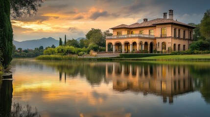 Poster - Elegant large building by a peaceful body of water, reflecting on the surface, with a beautifully realistic natural background