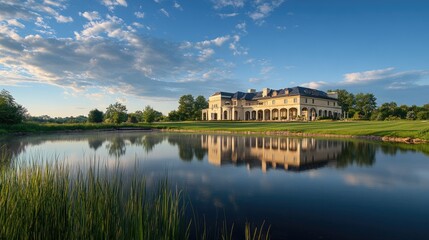 Poster - Elegant large building reflecting on a calm body of water, with a beautifully realistic backdrop of natural greenery and sky