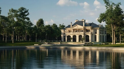 Poster - Elegant large building by a peaceful body of water, reflecting on the surface, with a beautifully realistic natural background
