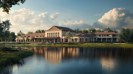 Poster - Elegant large building by a peaceful body of water, reflecting on the surface, with a beautifully realistic natural background