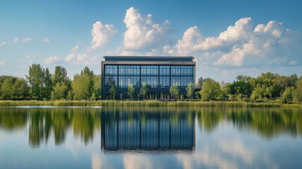 Poster - Elegant large building reflecting on a calm body of water, with a beautifully realistic backdrop of natural greenery and sky