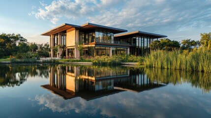 Poster - Elegant large building reflecting on a calm body of water, with a beautifully realistic backdrop of natural greenery and sky
