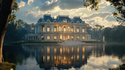 Fototapete - Large, elegant building reflecting on a calm body of water, with a realistic background, creating a peaceful and majestic scene