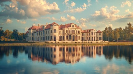 Fototapete - Large, elegant building reflecting on a calm body of water, with a realistic background, creating a peaceful and majestic scene
