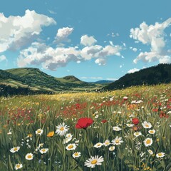 A field of wildflowers with a distant view of hills and a blue sky.