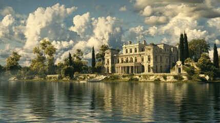 Fototapete - Large, elegant building sitting beside a body of water, with a lifelike background of trees, clouds, and natural beauty