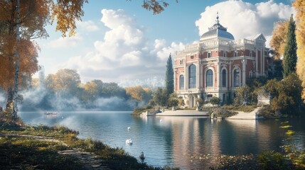 Fototapete - Large, elegant building sitting beside a body of water, with a lifelike background of trees, clouds, and natural beauty