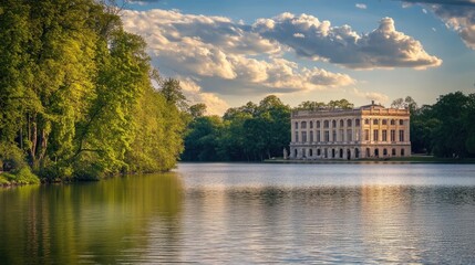 Fototapete - Large, elegant building sitting beside a body of water, with a lifelike background of trees, clouds, and natural beauty