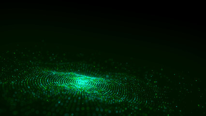 Poster - 3d digital circular dynamic green wave on dark background. technology smart wave. futuristic flow of