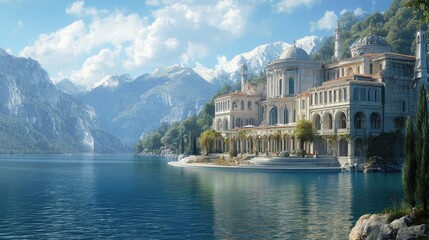 Poster - A beautiful and elegant large building sitting gracefully by the edge of a serene body of water, surrounded by a realistic natural backdrop