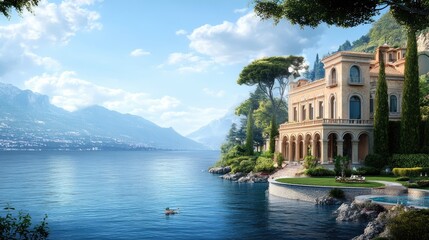 Poster - A beautiful and elegant large building sitting gracefully by the edge of a serene body of water, surrounded by a realistic natural backdrop