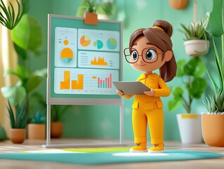 Poster - A 3D cartoon girl with glasses is presenting a tablet in front of a whiteboard with charts and graphs.