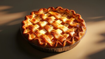 Wall Mural - A freshly baked golden brown pie with a lattice crust sits on a brown background.