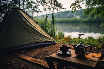 Poster - Serene Lakeside Camping Morning with Coffee