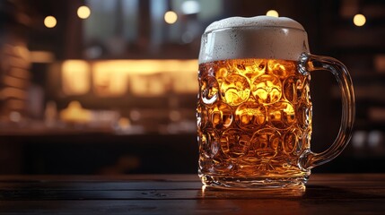 A frosty glass of beer with a blurry pub background.