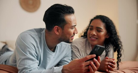 Poster - Smile, couple and relax with phone in bedroom for reading blog on social media, news and streaming video. Man, woman and rest with mobile for online article, communication and love together at house