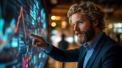Fototapete - A businessman analyzing charts on a large interactive touchscreen.