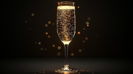 Sticker - A glass of champagne with bubbles and bokeh lights on a dark background.