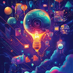 A glowing lightbulb surrounded by futuristic cityscapes, technology, and abstract shapes in a digital art style.