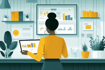 Poster - A businesswoman stands in front of a computer screen, analyzing data.