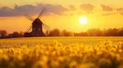 Historic mill amidst a rapeseed field, in the glow of the evening sun at sunset. Spring landscape with bright yellow rapeseed field and an old windmill by evening