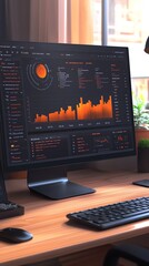 Poster - A close up shot of a computer monitor displaying a variety of charts and graphs with a keyboard and mouse on a wooden desk.