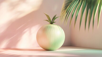 A green sphere with a plant on top sits on a pink surface with a palm leaf in the background.