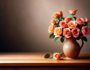 Wall Mural - a realistic still life painting of a vase filled with roses on wooden table, natural light