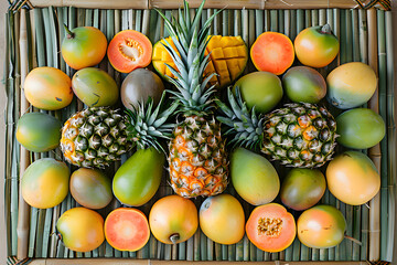 Tropical fruit selection with pineapples papayas passion fruits and mangoes on bamboo mat healthy exotic fruits vibrant summer 