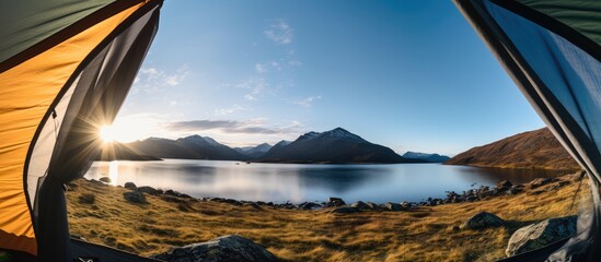 Canvas Print - Sunrise View From Tent Overlooking Serene Lake