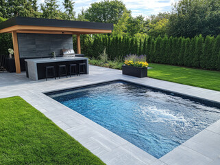 Wall Mural - An outdoor pool with black and gray stone pavers, large flat rectangular shapes, with a small backyard that has a gazebo